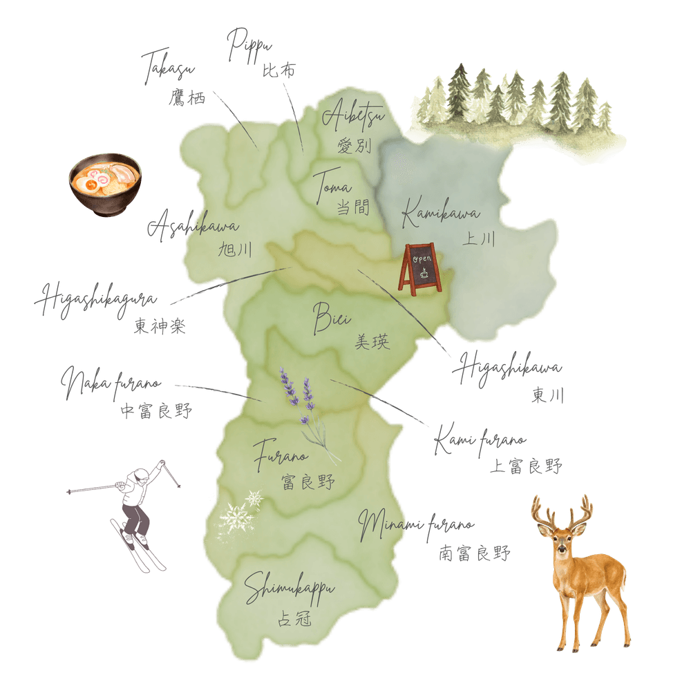 Map of the Asahikawa, Biei and Furano region